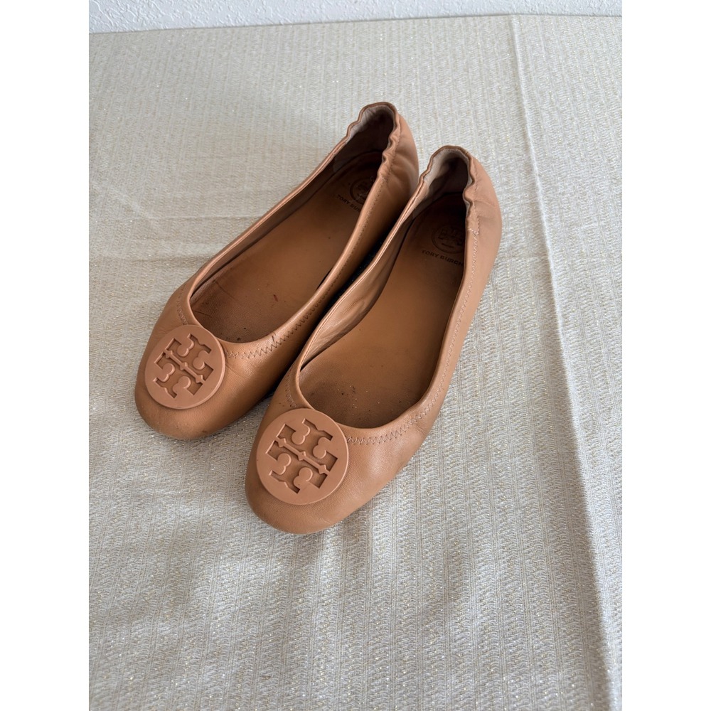 Tory Burch Minnie Travel Ballet Flats Tan Leather Logo Good Condition 7.5